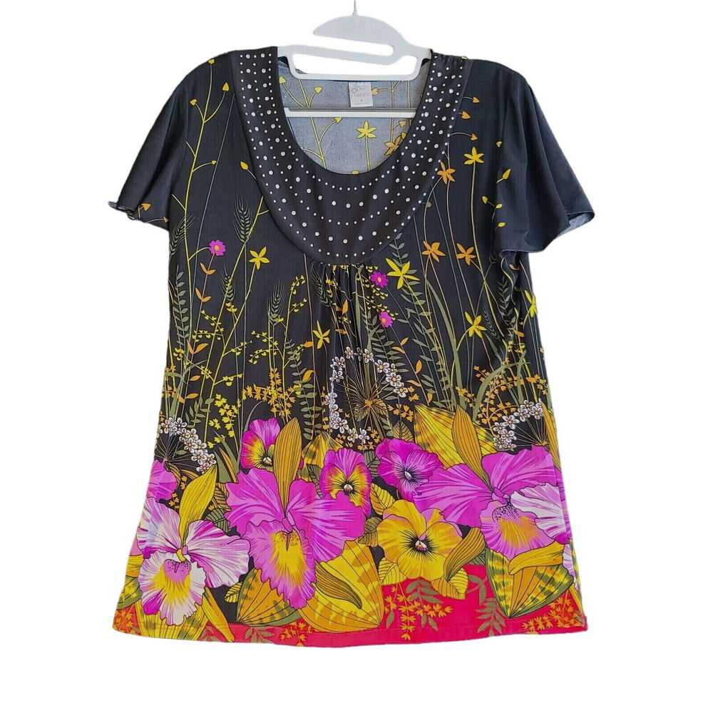 Happie Womens Blouse Multi-Color Size Small Polyester Blend Stretch Pullover
